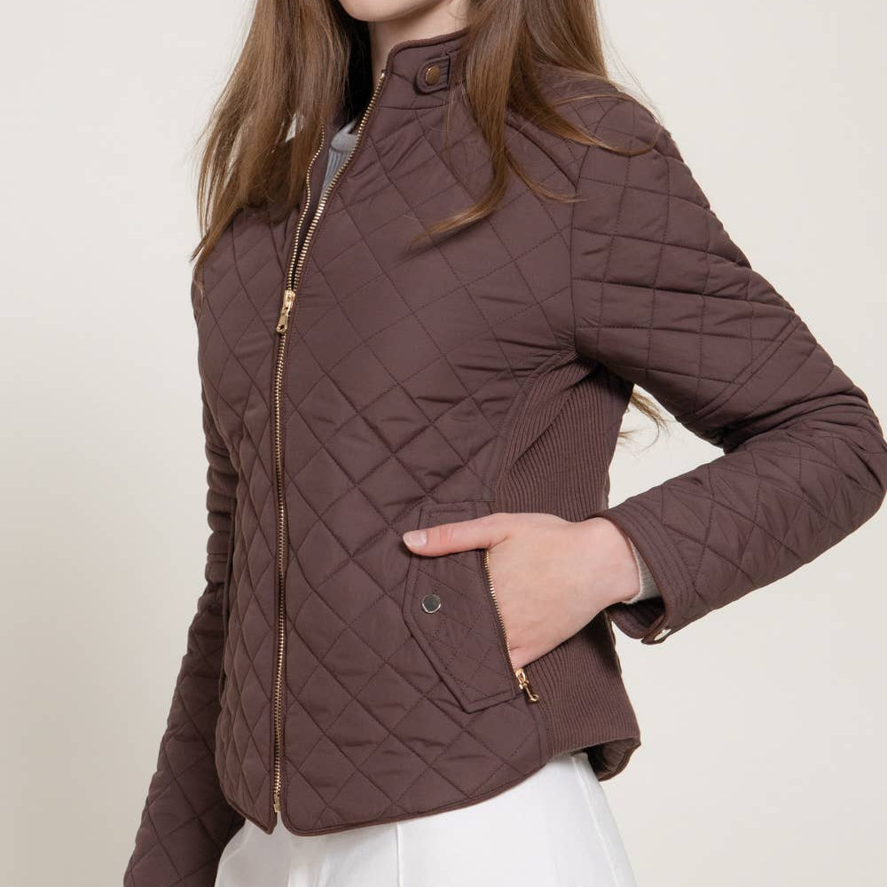 Brown Suede Piping Detail Rib Quilted Padding Jacket 2919