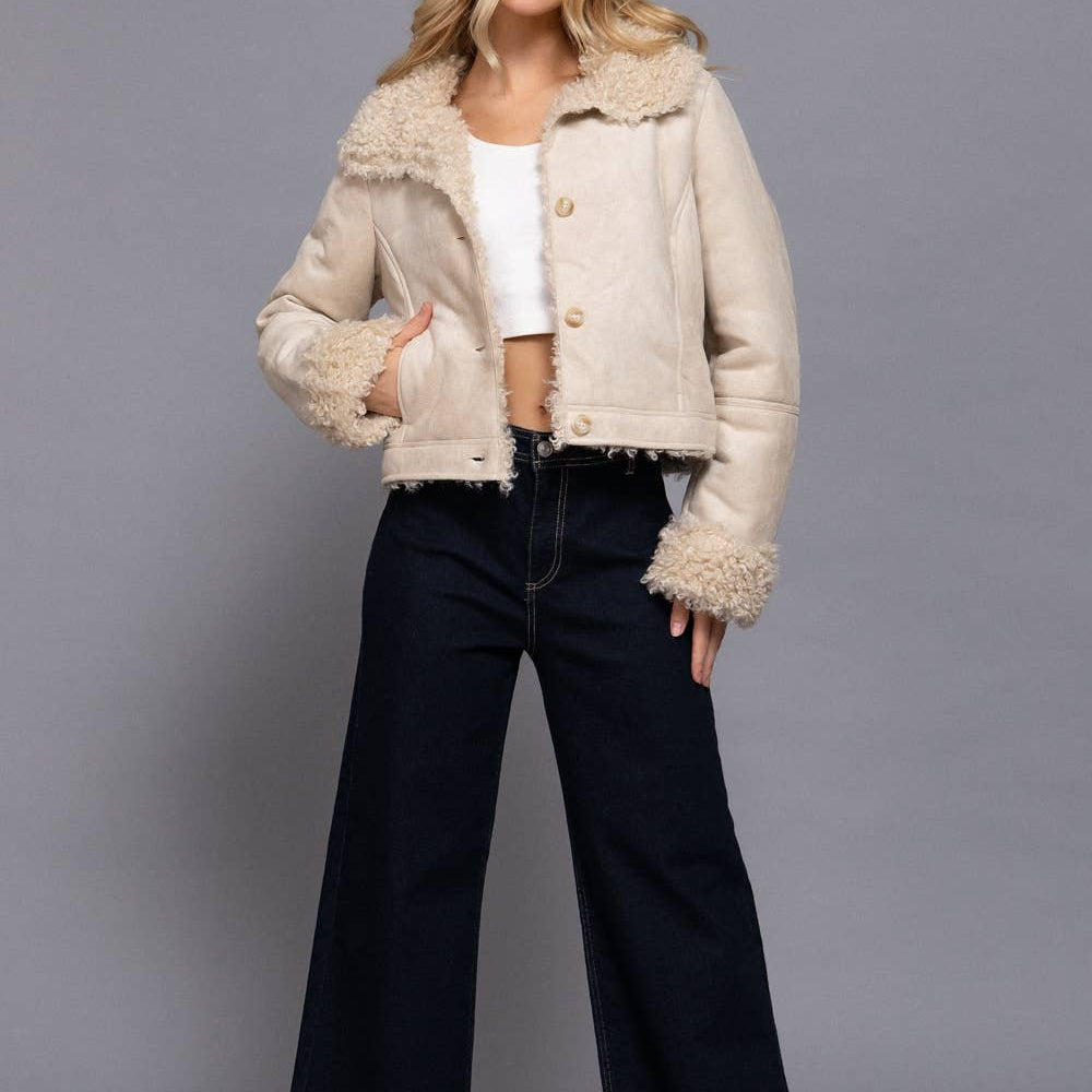 Beige Suede Short Jacket with Faux Fur Lining