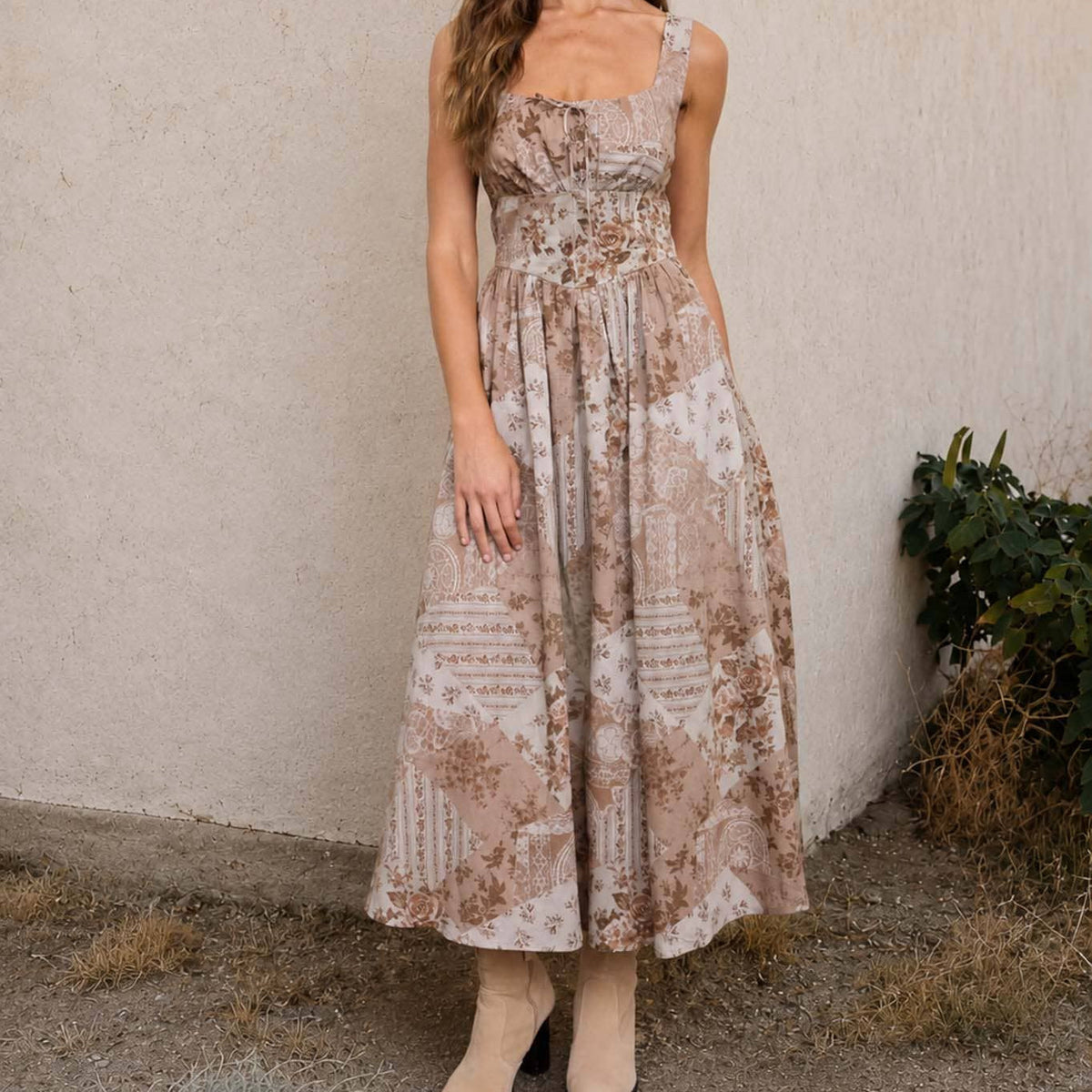 Taupe Patchwork Midi Dress 2882