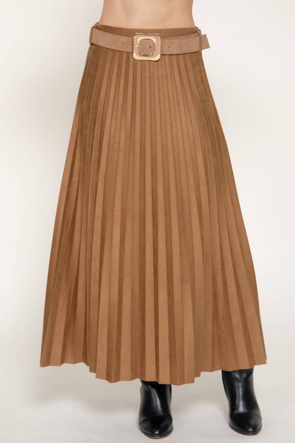 Camel Belted Faux Suede Pleated Long Skirt 2926