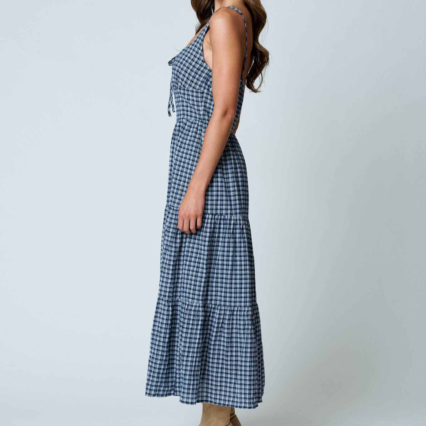 Plaid Front Tie Corset Detail Tiered Midi Dress
