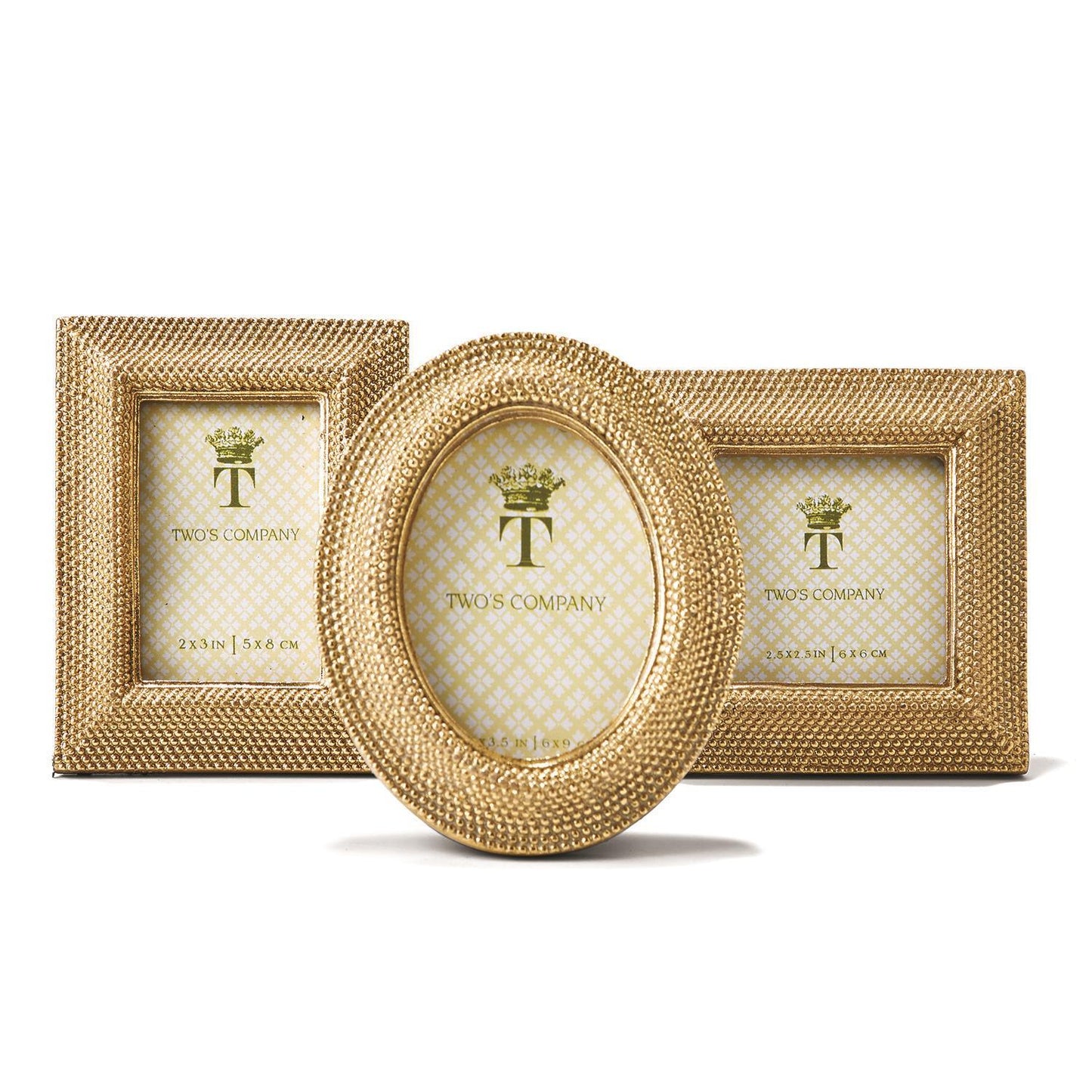Three gold photo frames with a textured pattern on a white background