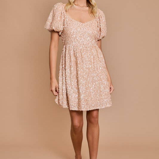 Rose Gold Puff Half Sleeve Sequin Fit & Flare Dress