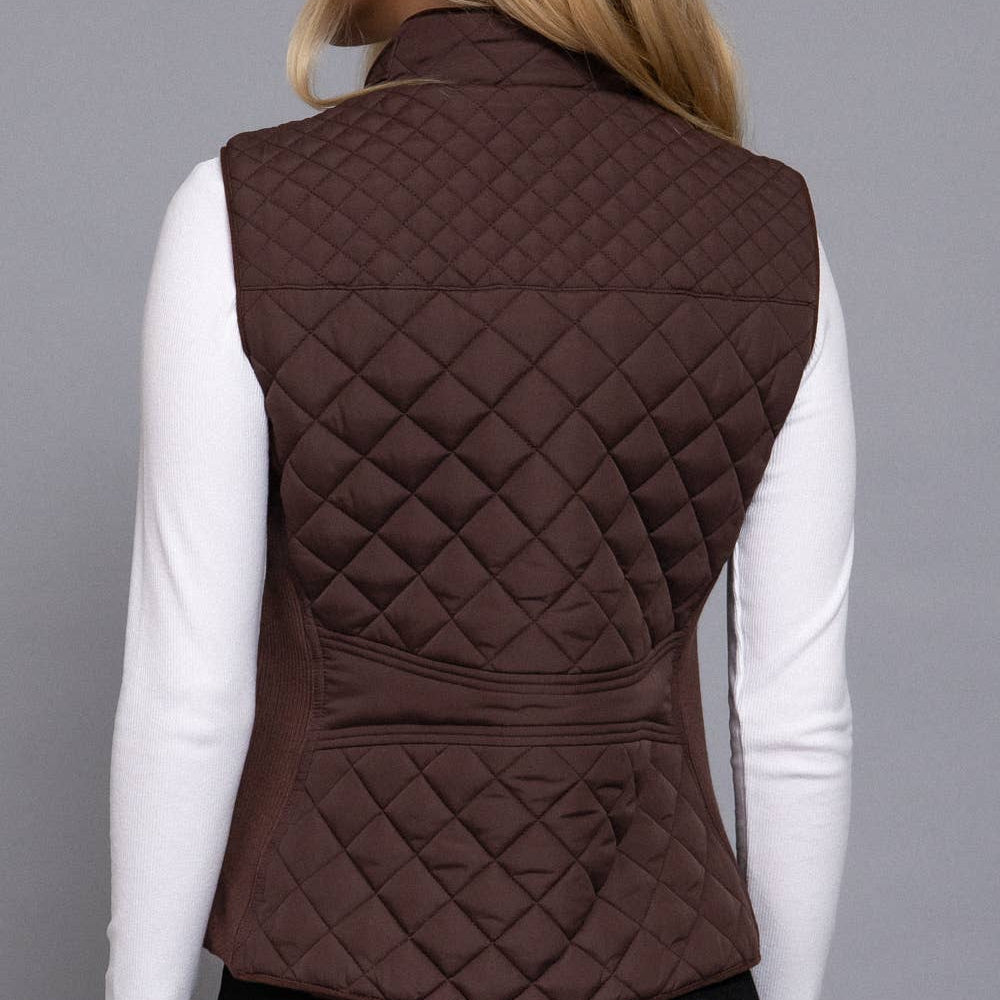 Brown Suede Piping Detail Rib Quilted Padding Vest 2916