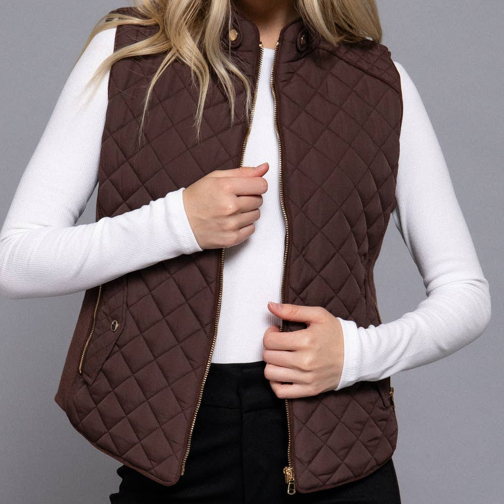 Brown Suede Piping Detail Rib Quilted Padding Vest 2916