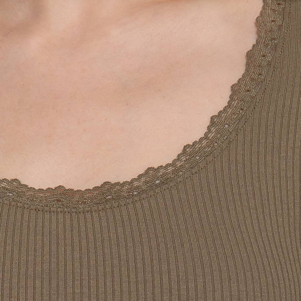 Long Sleeve Scoop Neck with Lace Trim Rib Knit Top