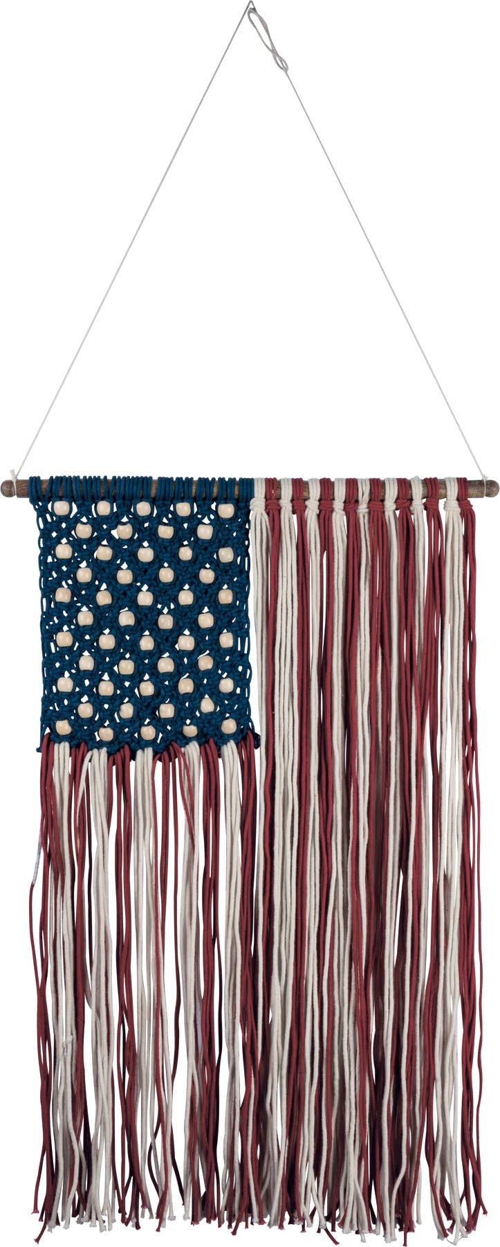 Decorative American flag with fringes hanging against a white background