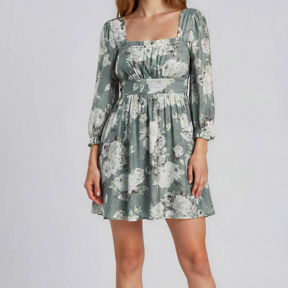 Green Square Neck Floral Dress 2883