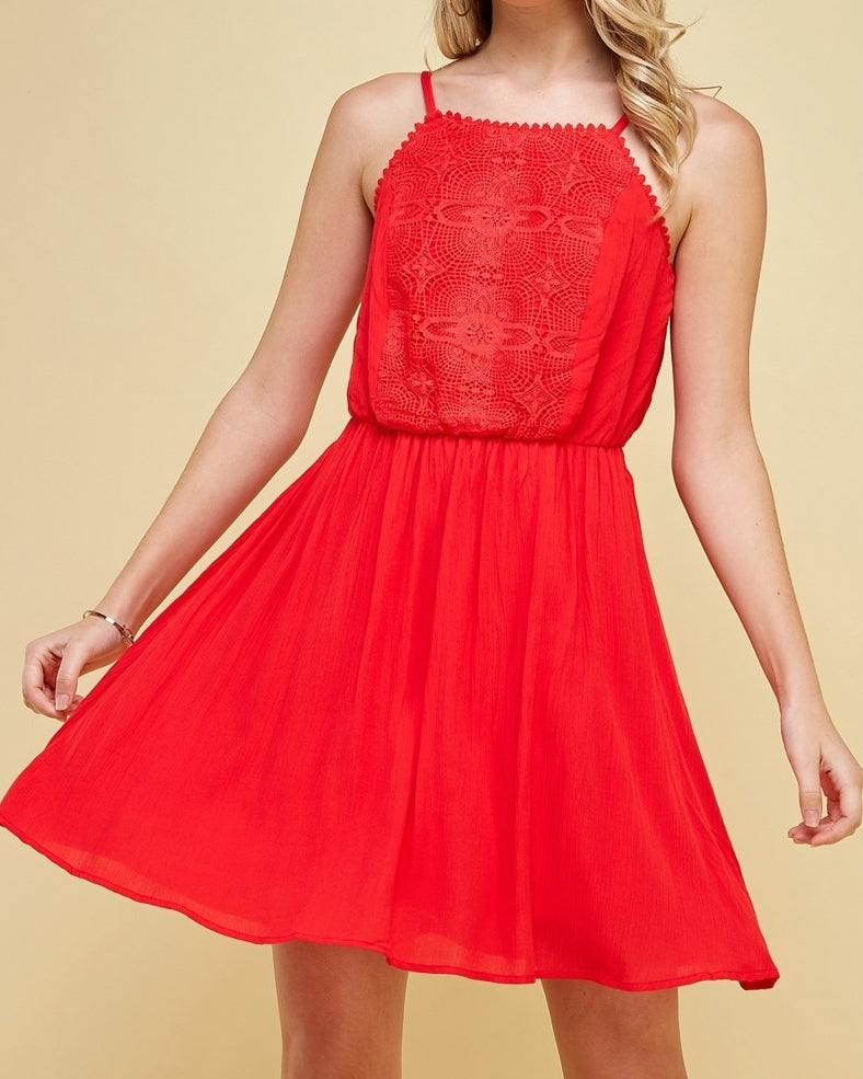 Red Strappy Dress with Lace Bodice