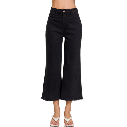 Black High Waist Straight Pants with Frayed Hem – Women's Stretch Denim 2762