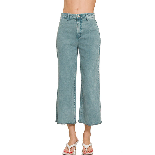 Teal High Waist Straight Pants with Frayed Hem – Women's Stretch Denim 2763