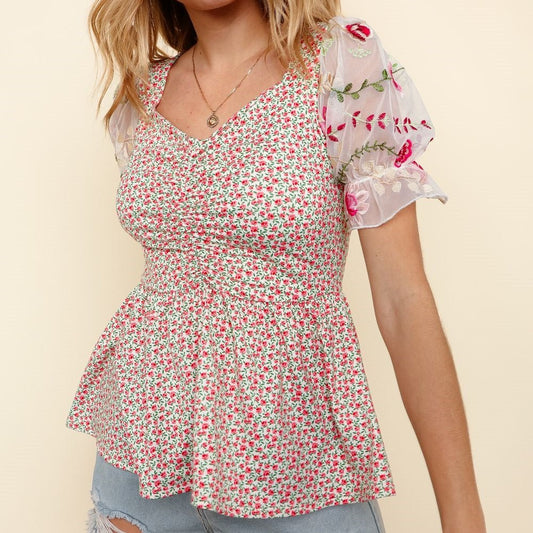 Floral Embroidered Mesh Sleeve Knit Top – Romantic Spring Style