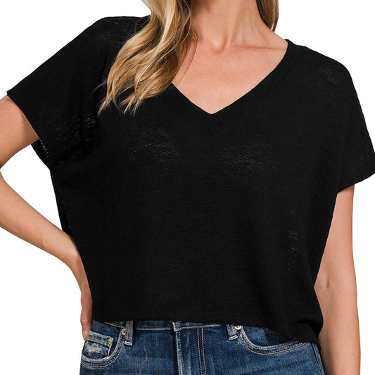 Drop Shoulder Hacci Crop Top in Black 2840