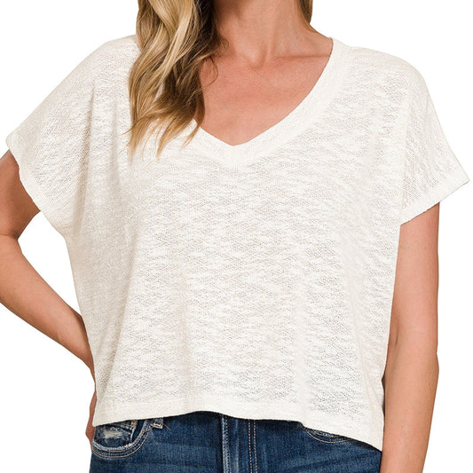 Drop Shoulder Hacci Crop Top in Ivory 2841