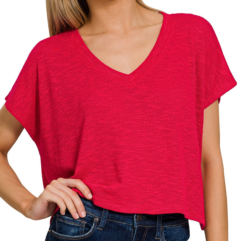 Drop Shoulder Hacci Crop Top in Red