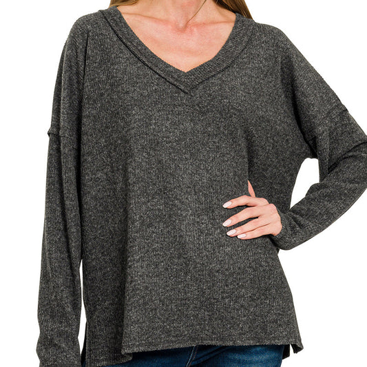 Ribbed V-Neck Drop Shoulder Top in Black 2907