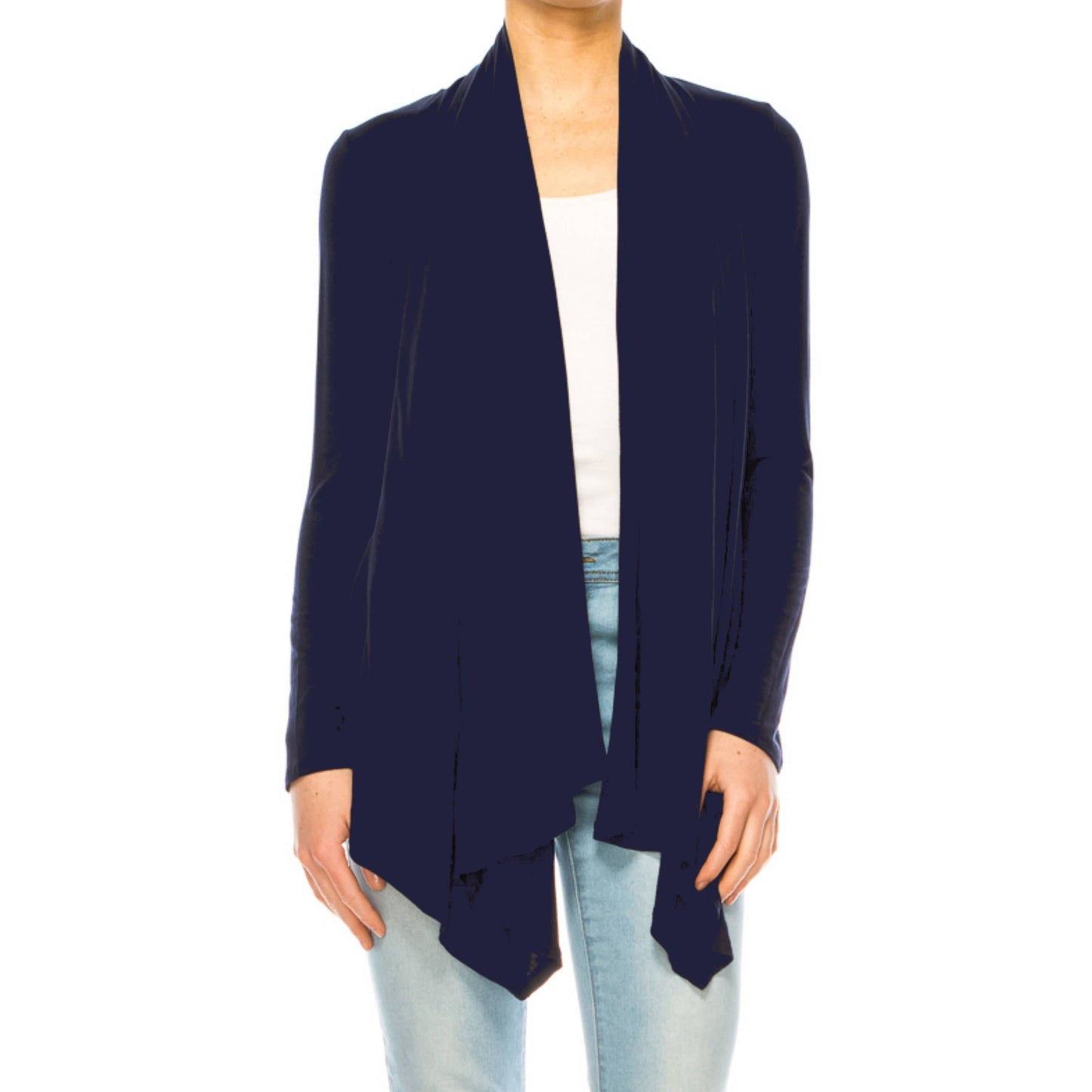 Open Front Navy Cardigan – Soft Drape & Stylish Hem