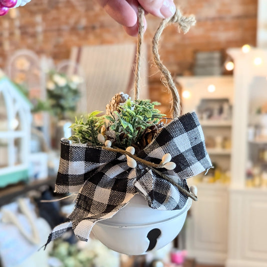 CWI White Jingle Bell Ornament w/ Buffalo Plaid Bow