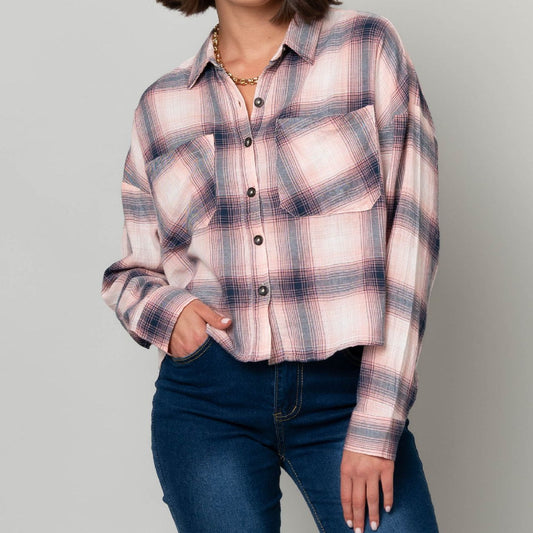 Plaid Button Front Top w/ Patch Pockets 2771