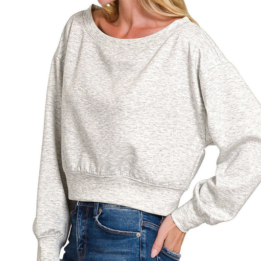 Scuba Cropped Boat Neck Pullover Sweatshirt in Gray 2903