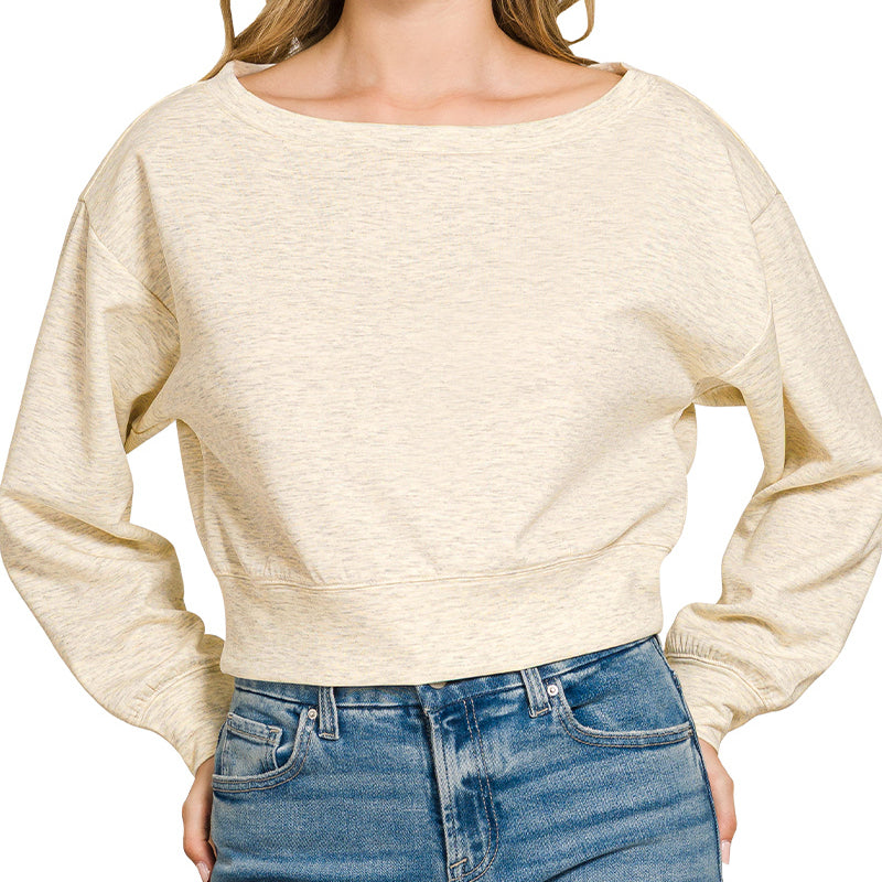 Scuba Cropped Boat Neck Pullover Sweatshirt in Ivory 2905
