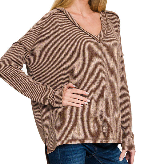 Brown Textured Rib Knit Long Sleeve Top with Hi-Low Hem 2781