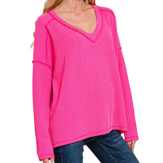 Hot Pink Textured Rib Knit Long Sleeve Top with Hi-Low Hem 2779
