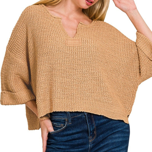 Front Slit Folded Sleeve Pullover in Camel 2885