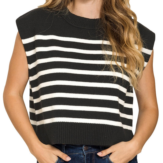 Black Striped Crew Neck Sweater Vest – Classic Knit Sleeveless Pullover 2888