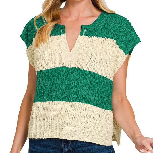 Striped Split-Neck Sweater Vest in Green 2893