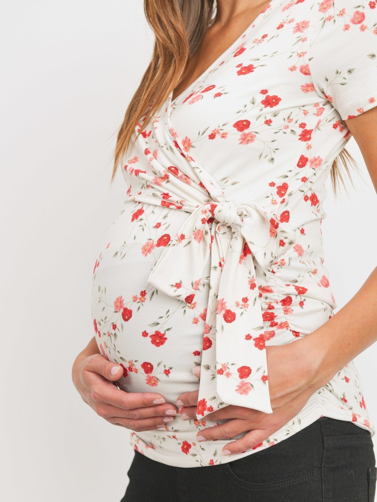 Maternity Wrap Top - Field of Poppies Floral in White