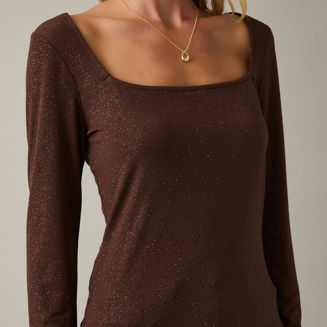 Brown Square Neck Long Sleeve Metallic Top