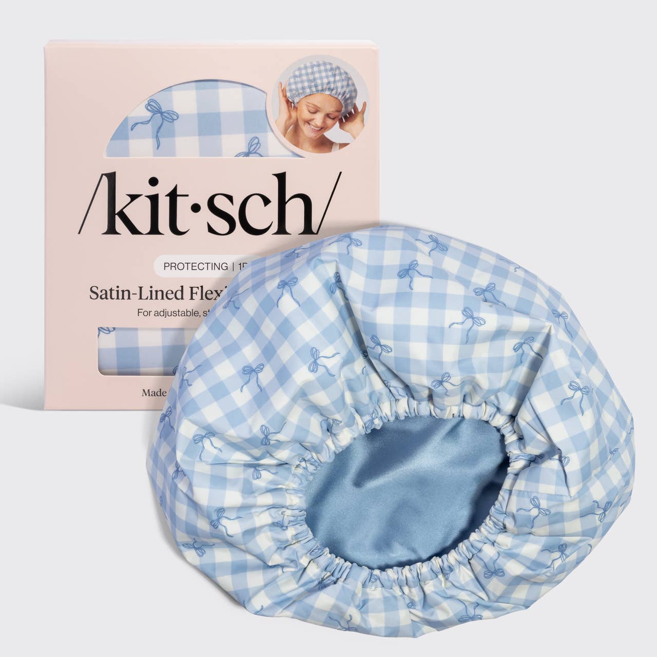 CC Satin Lined Flexi Shower Cap - Gingham Blue