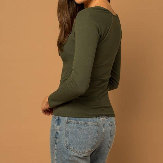 Olive Long Sleeve Square Neck Rib Knit Top