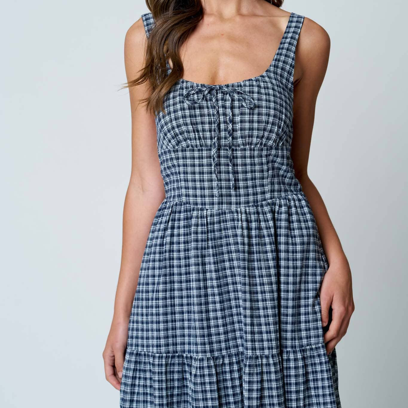 Plaid Front Tie Corset Detail Tiered Midi Dress