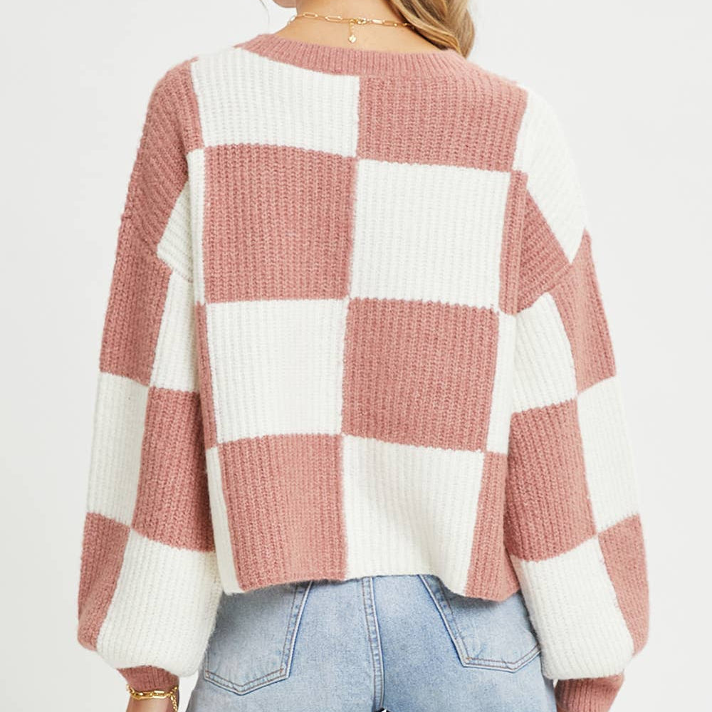 Checker Relaxed Fit Comfy Sweater in Mauve 2877