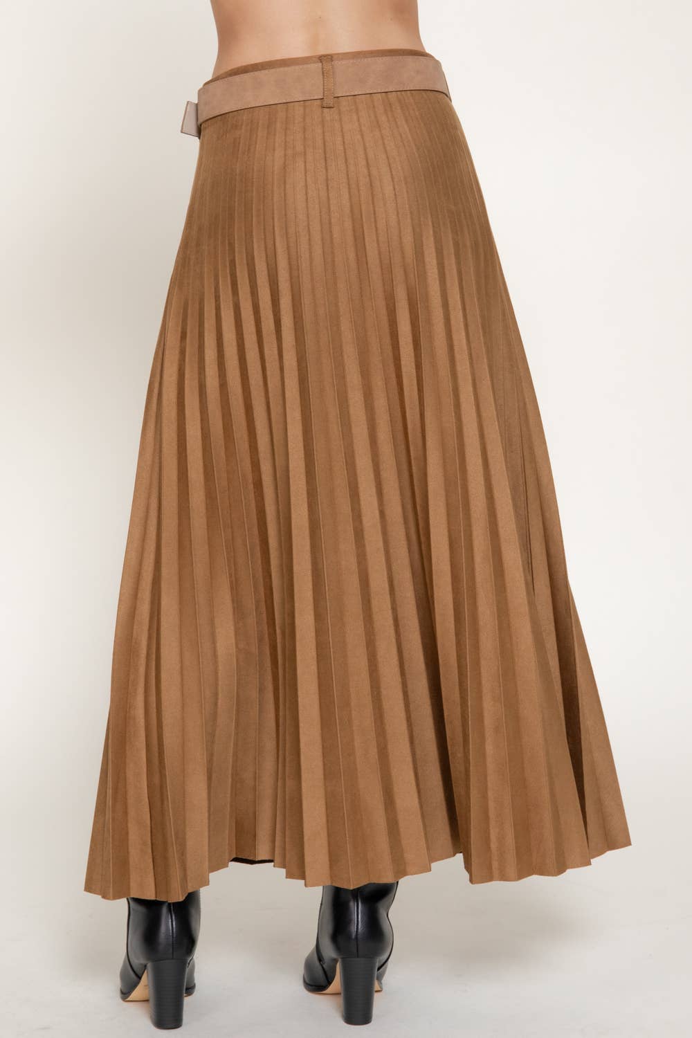 Camel Belted Faux Suede Pleated Long Skirt 2926