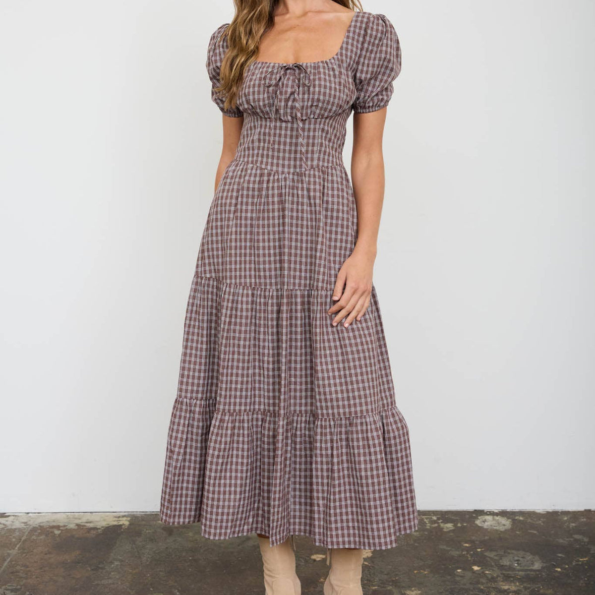 Plaid Puff Sleeve Corset Detail Tiered Midi Western Dress in Mocha 2881