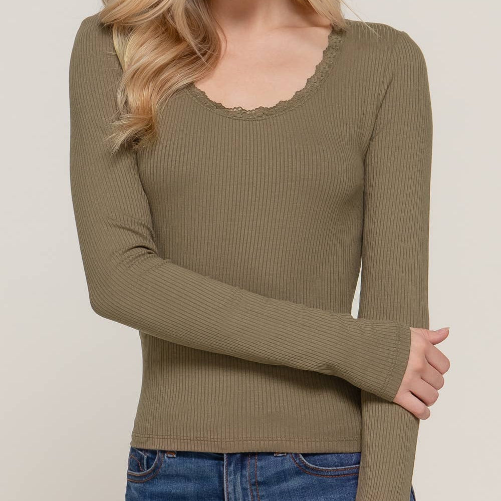 Long Sleeve Scoop Neck with Lace Trim Rib Knit Top
