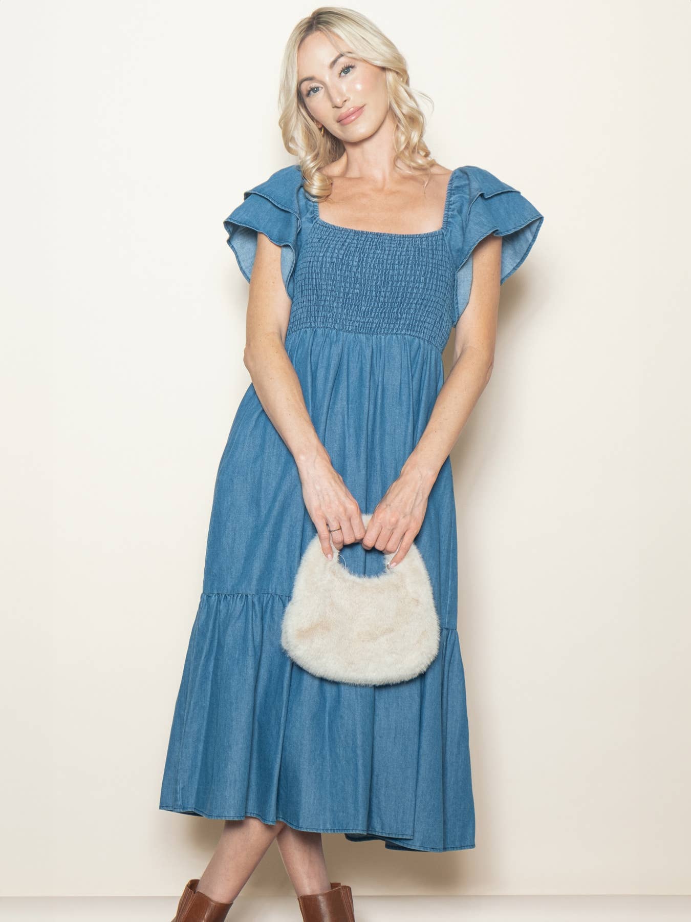 Vintage Wash Chambray Denim Flutter Sleeve Dress w Pockets