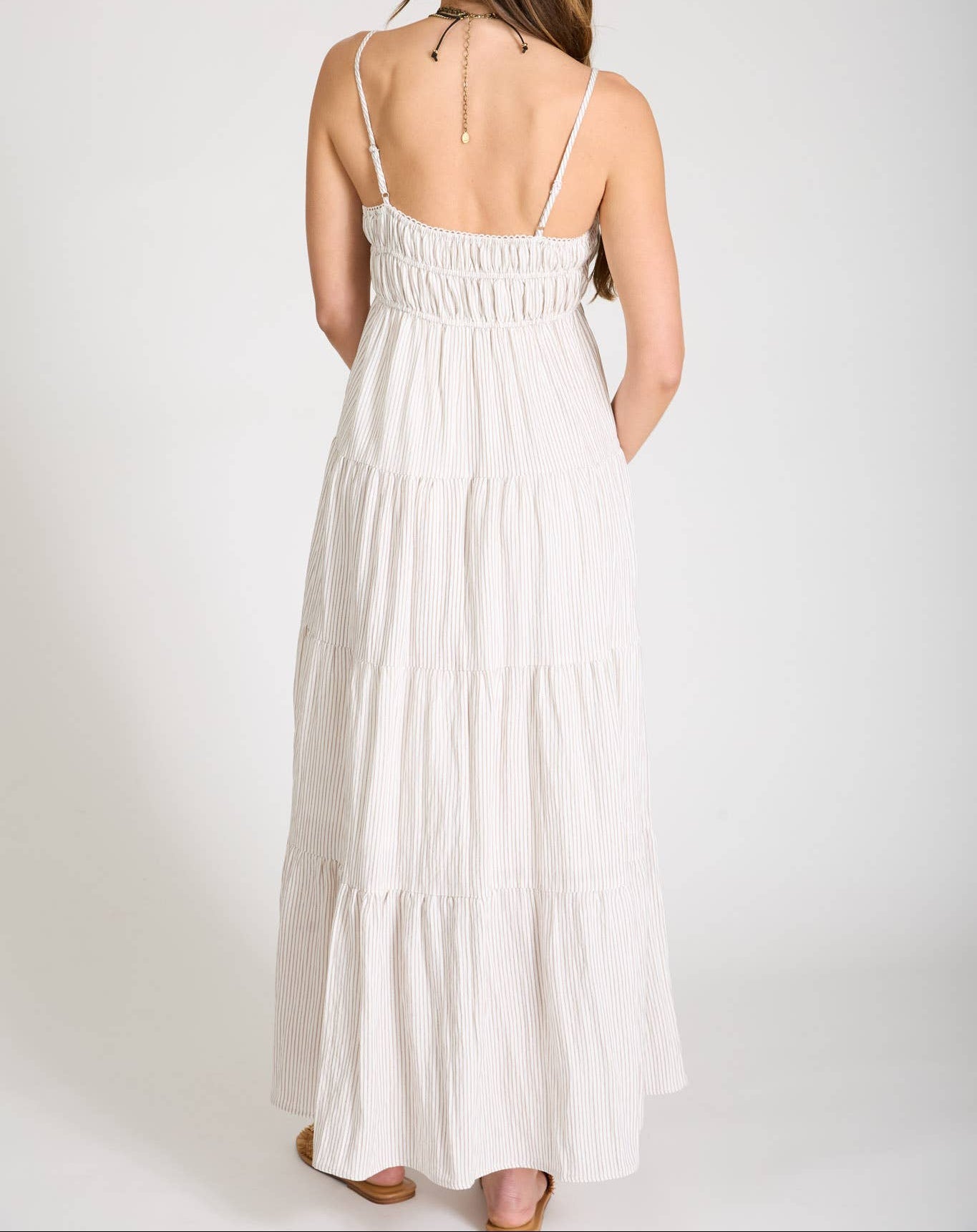 Stripe Shirred Empire Waist Tiered Midi Dress