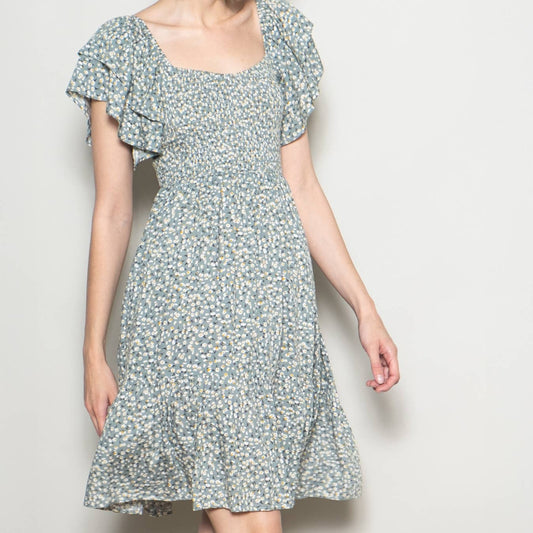 Flutter Sleeve Sweetheart Neckline Vintage Floral Dress in Sage 2760