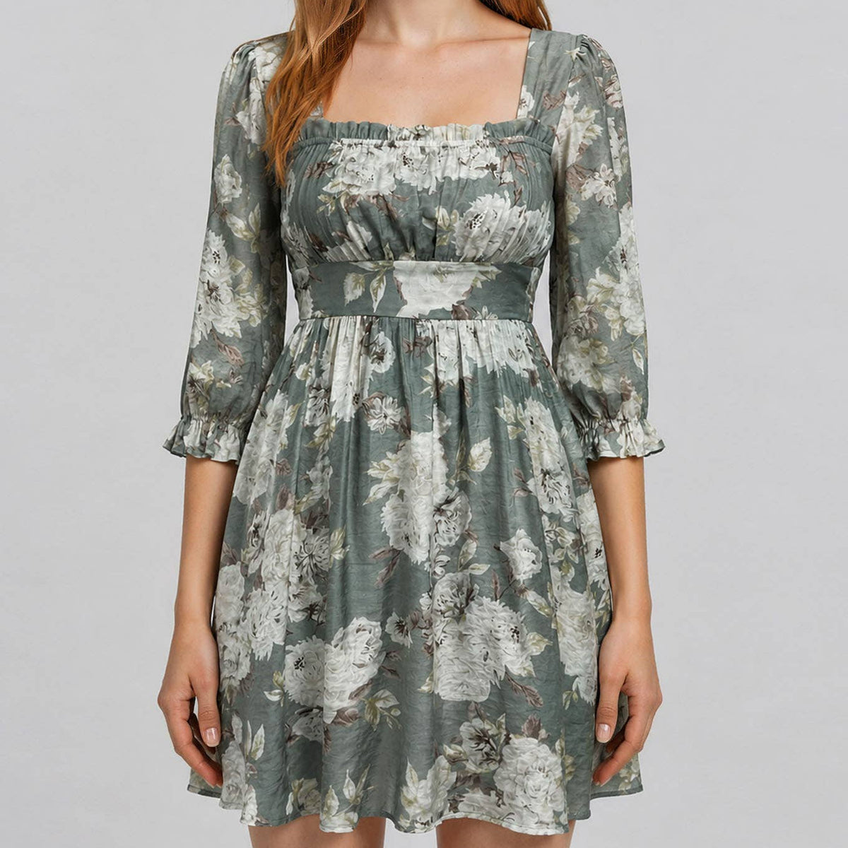 Green Square Neck Floral Dress 2883