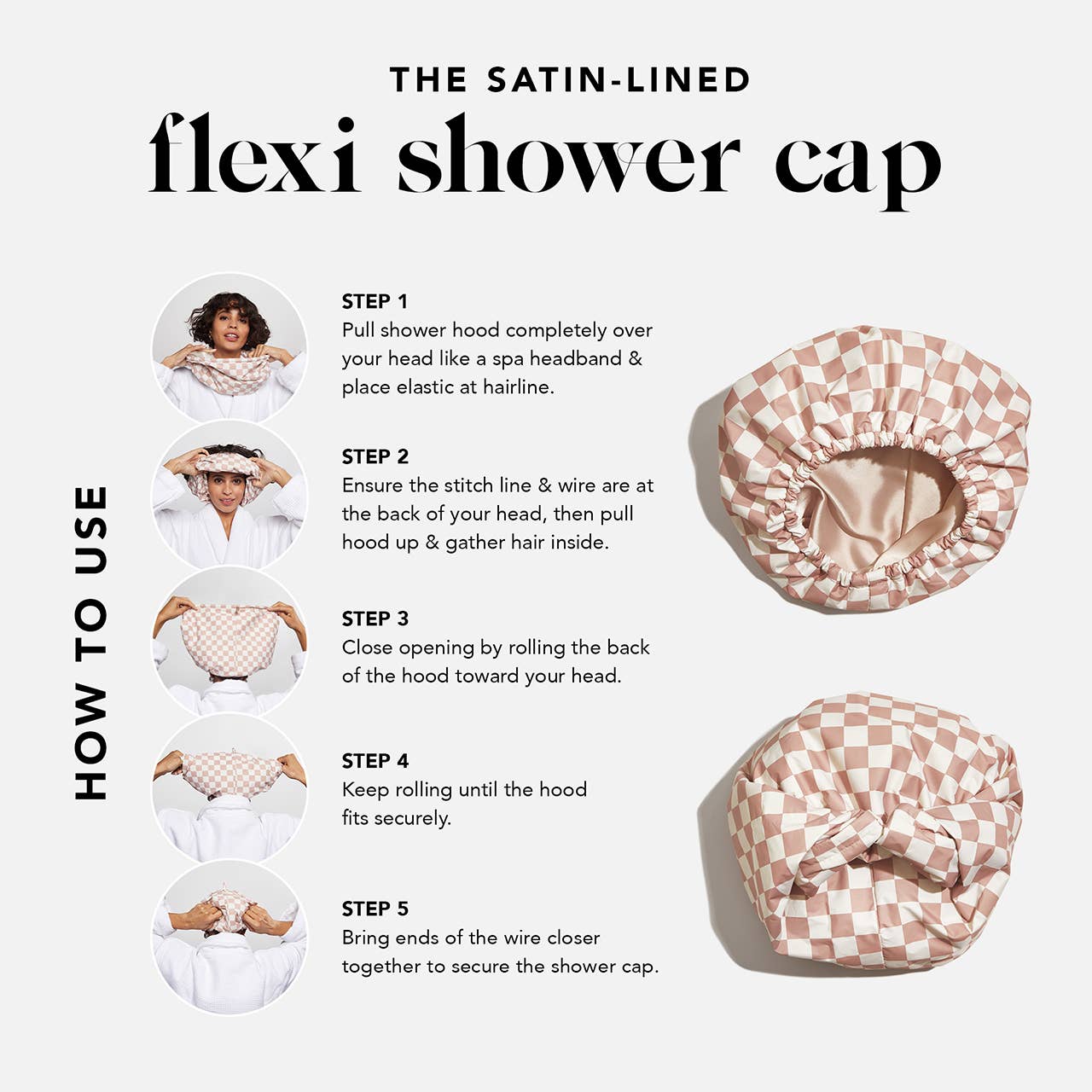 CC Satin Lined Flexi Shower Cap - Terracotta Checker