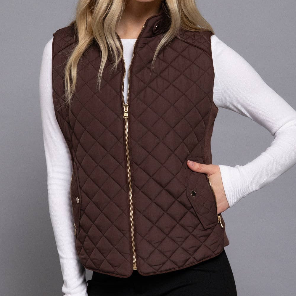 Brown Suede Piping Detail Rib Quilted Padding Vest 2916