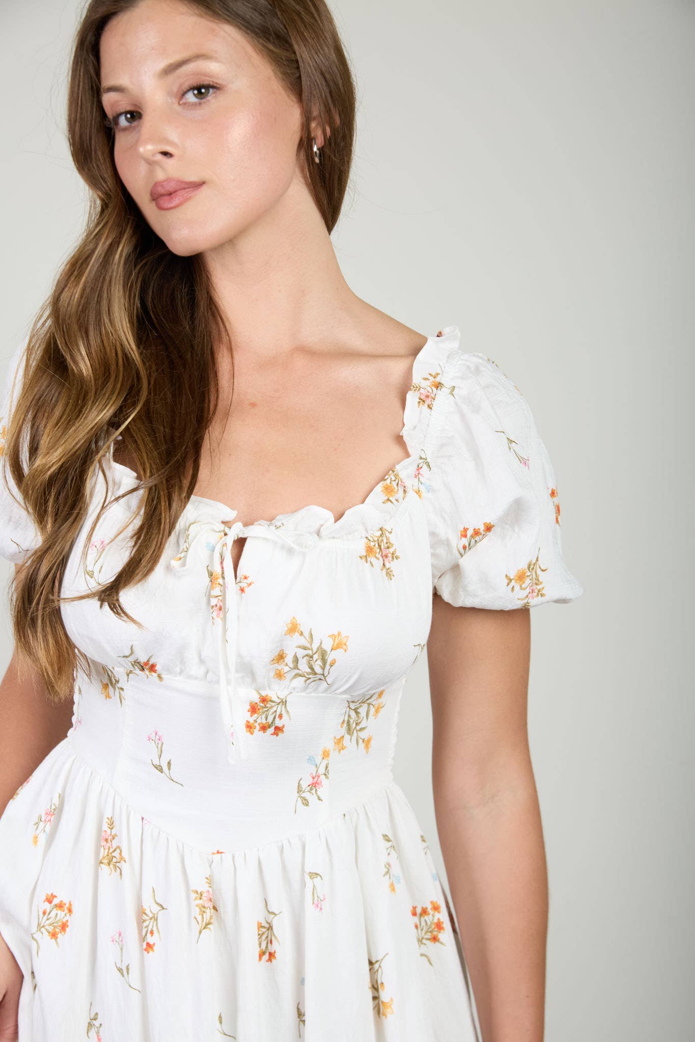 Falling Floral Puff Sleeve Corset Midi Dress