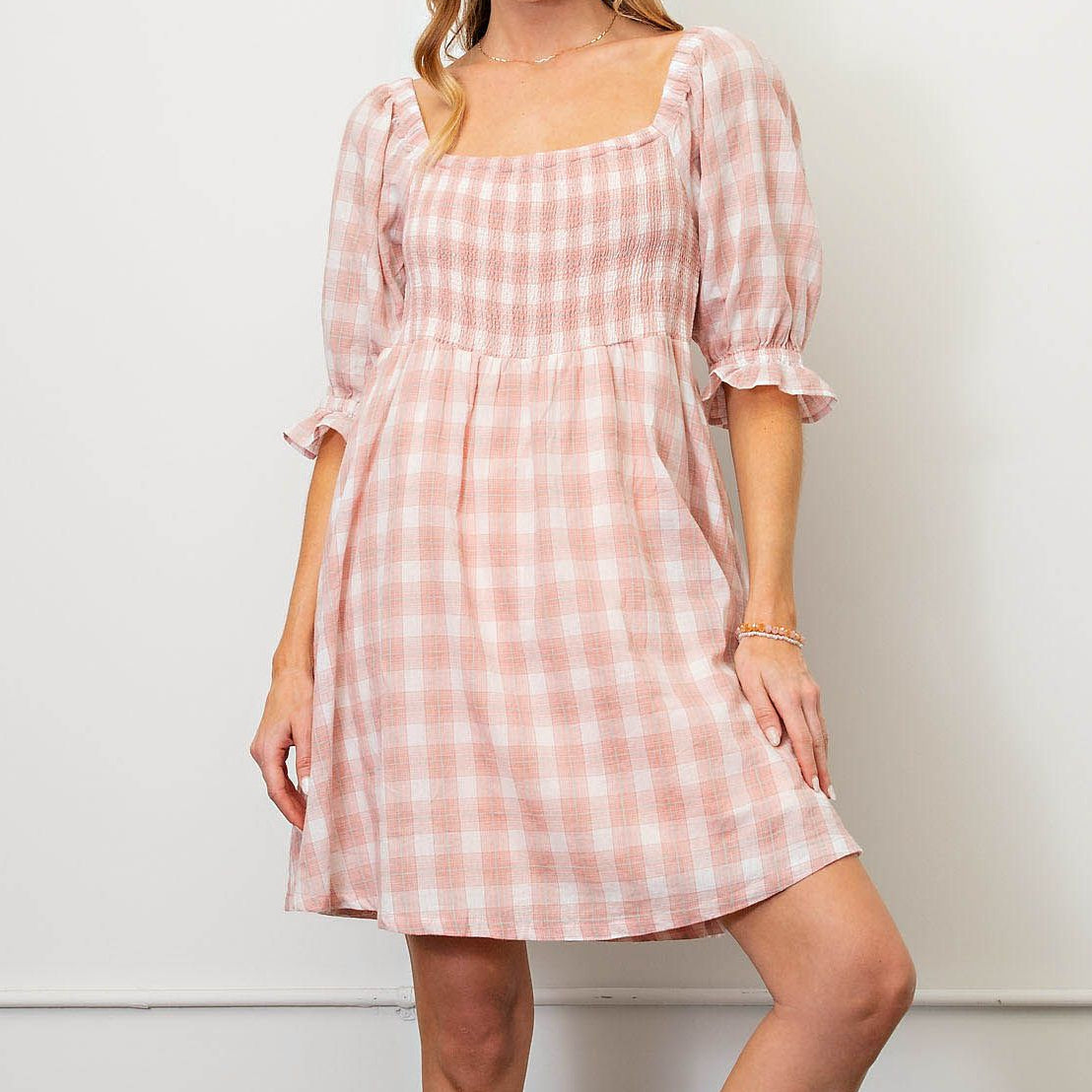 Blush Pink Plaid Dress with Bubble Sleeves