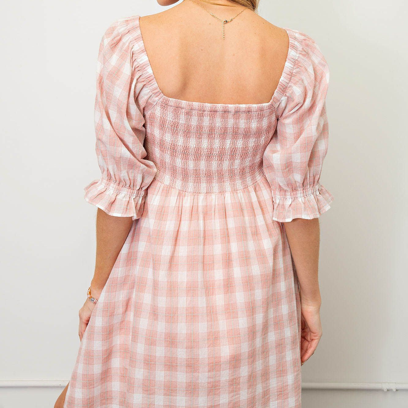 Blush Pink Plaid Dress with Bubble Sleeves