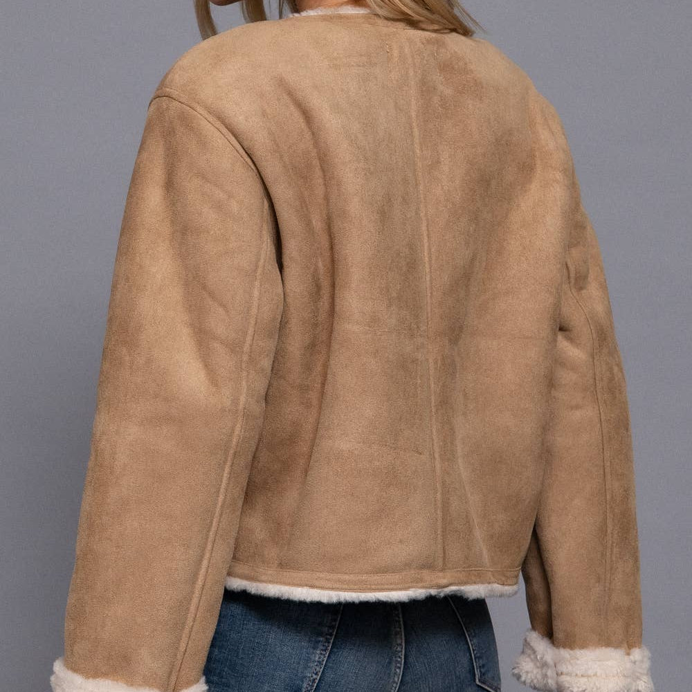 Long Sleeve Gold Button Faux Suede Jacket