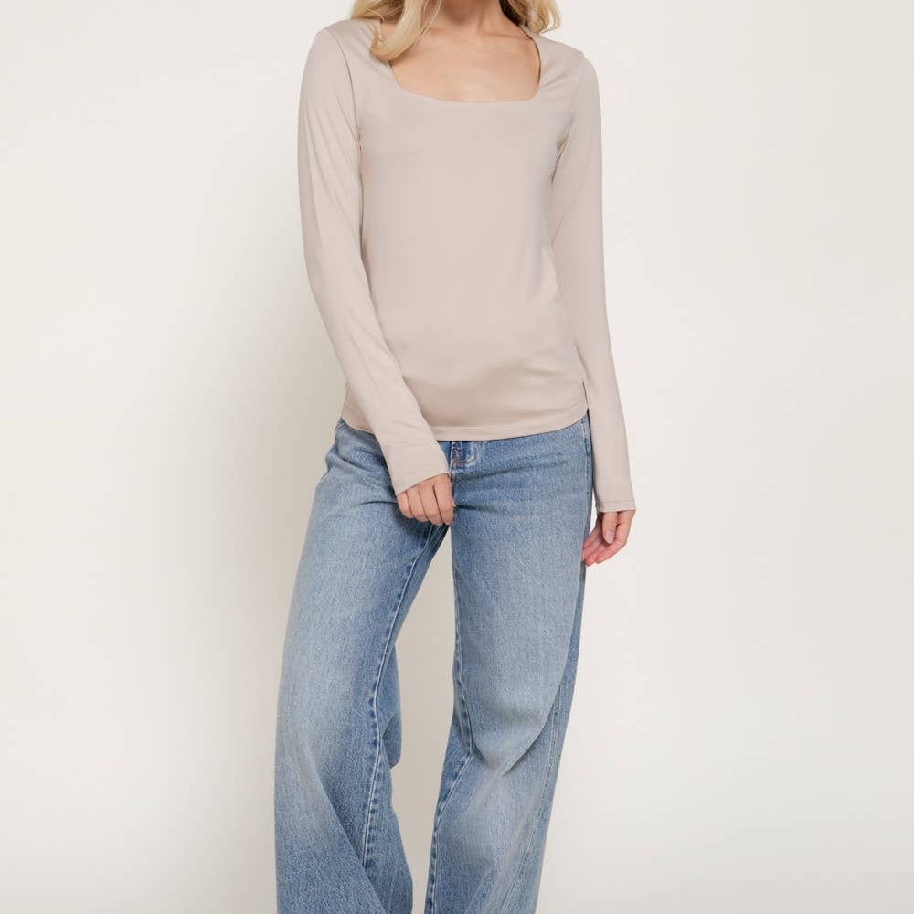 Taupe Long Sleeve Square Neck Double Layered Knit Top 2923